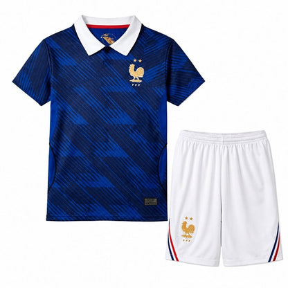 Frankrikes hjemmedraktsett for barn i fotball – trøye + shorts 2026 uten logo