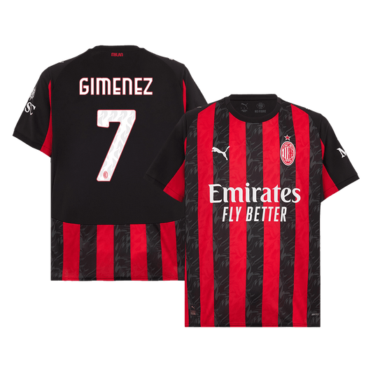 Maillot domicile AC Milan 2025/26 rouge et noir, numéro 7, Gimenez